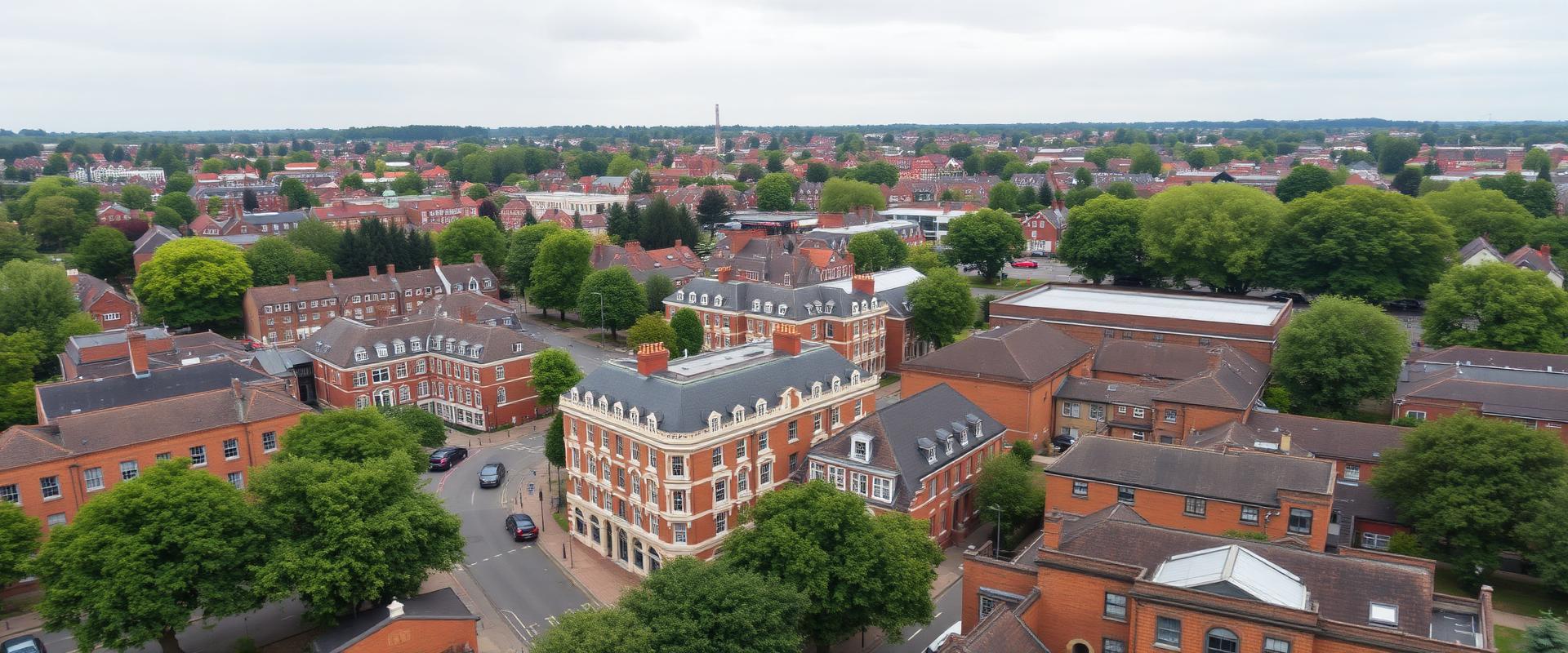 Aerial view of Aldershot town centre in Hampshire showing Victorian red-brick buildings and tree-lined streets
