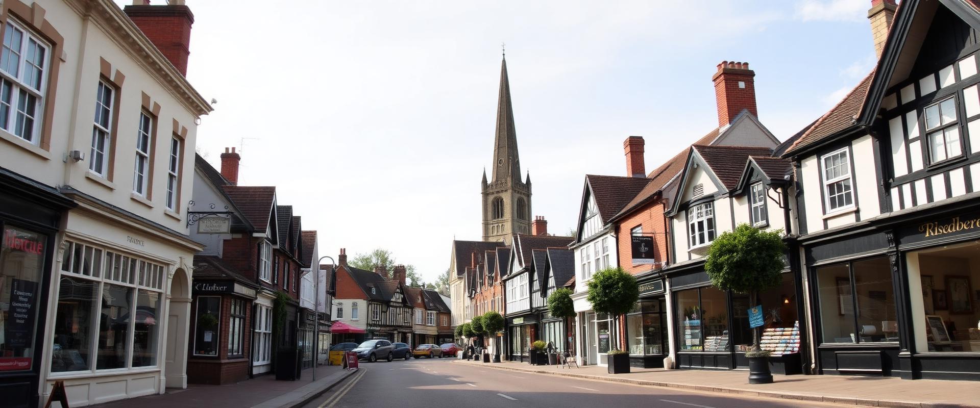 Historic Andover town centre high street in Hampshire with traditional English architecture and church spire