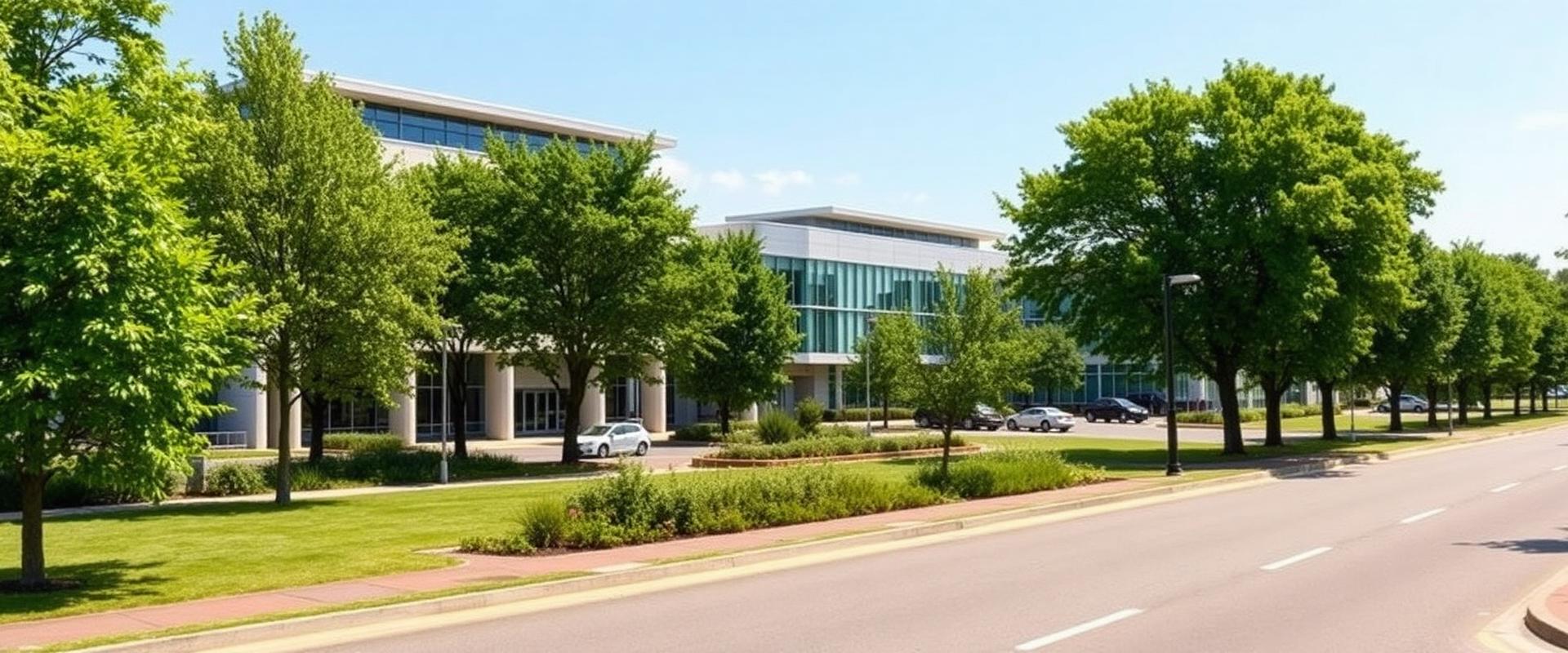 Farnborough business park in Hampshire with modern commercial buildings and tree-lined boulevard