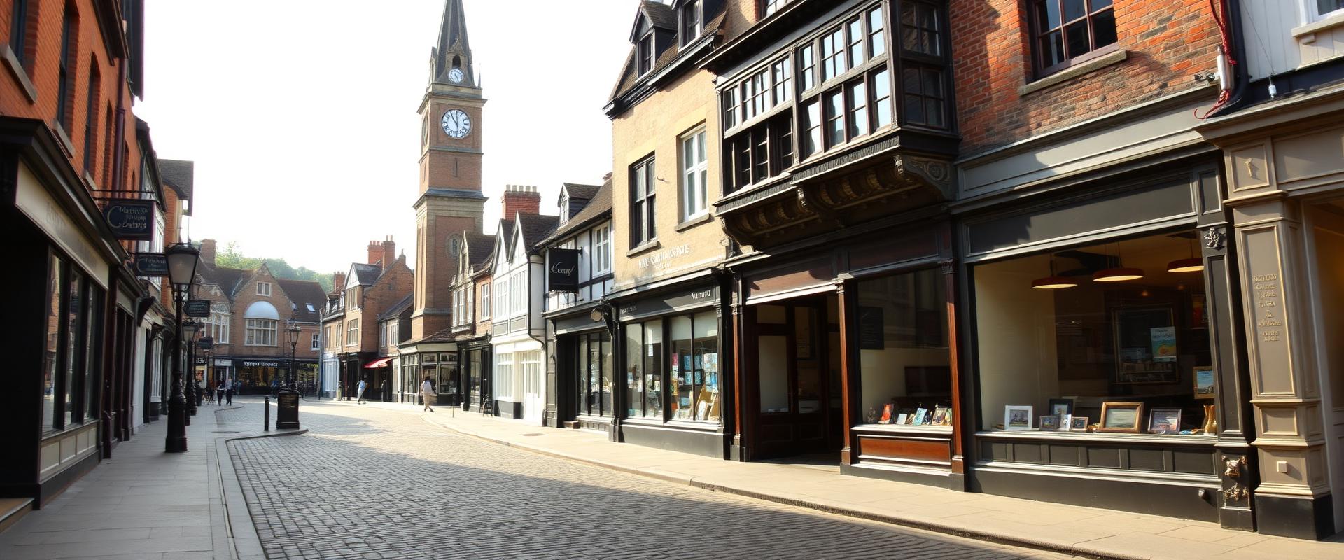 Historic Guildford High Street in Surrey with cobbled streets and clock tower