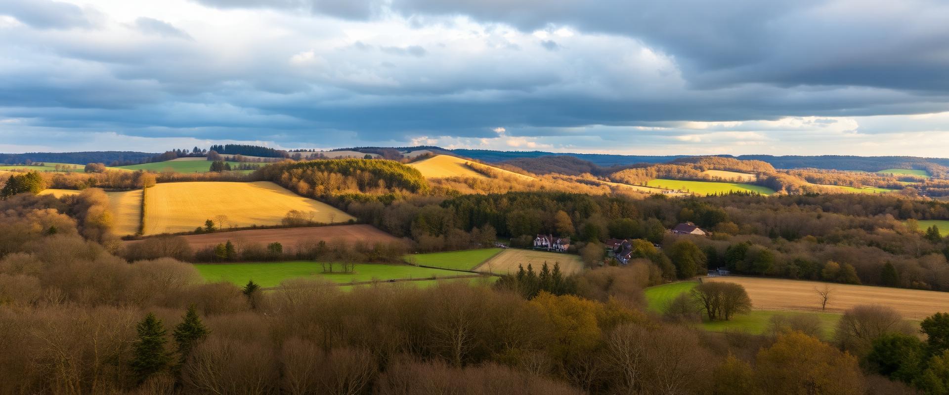Panoramic view of the Hampshire South Downs countryside with rolling chalk hills and ancient woodland