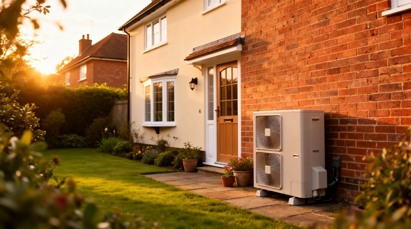 A cosy Hampshire family home at golden hour with a tidy air-source heat pump installed by Appian