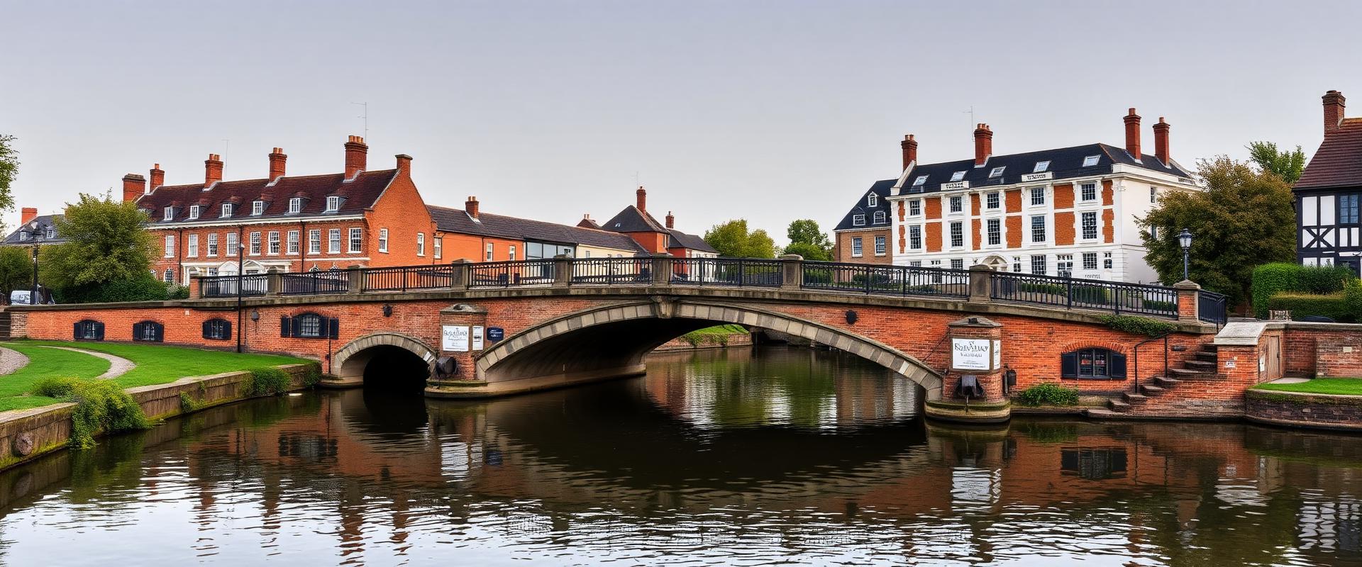 Kennet and Avon Canal in Newbury, Berkshire with historic bridge and Georgian architecture