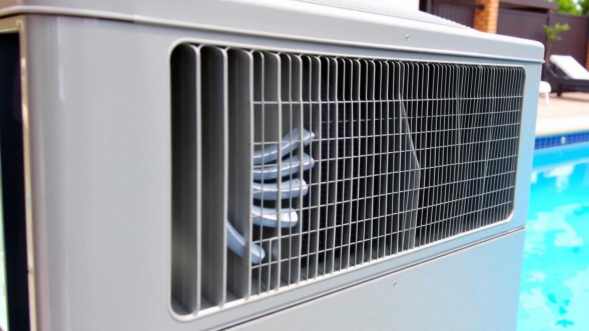 Swimming pool heat pump evaporator coil and fan unit beside residential pool ready for annual servicing