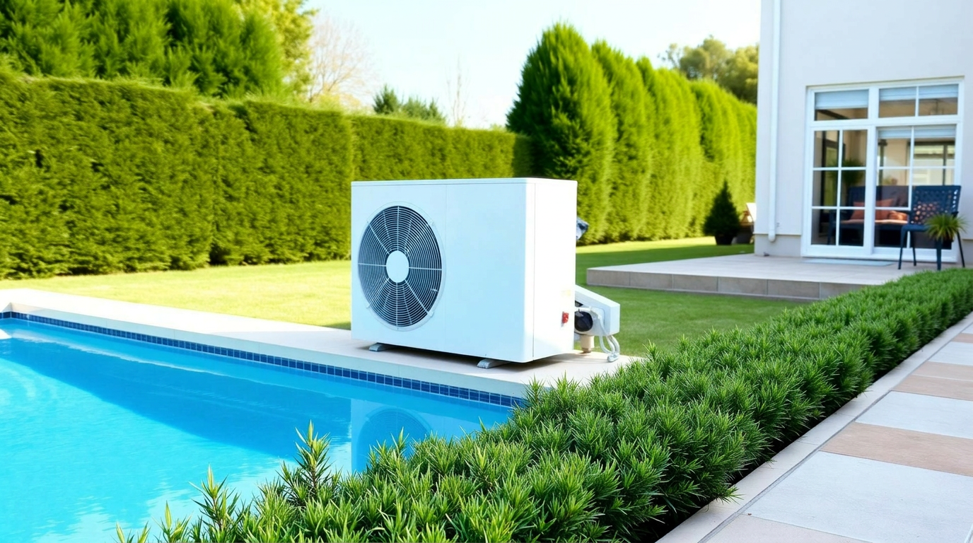Swimming pool heat pump unit installed beside residential outdoor pool in Hampshire garden
