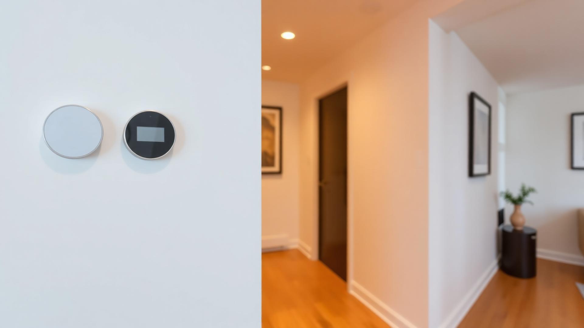 Smart thermostat mounted on wall in modern home for heat pump control and integration