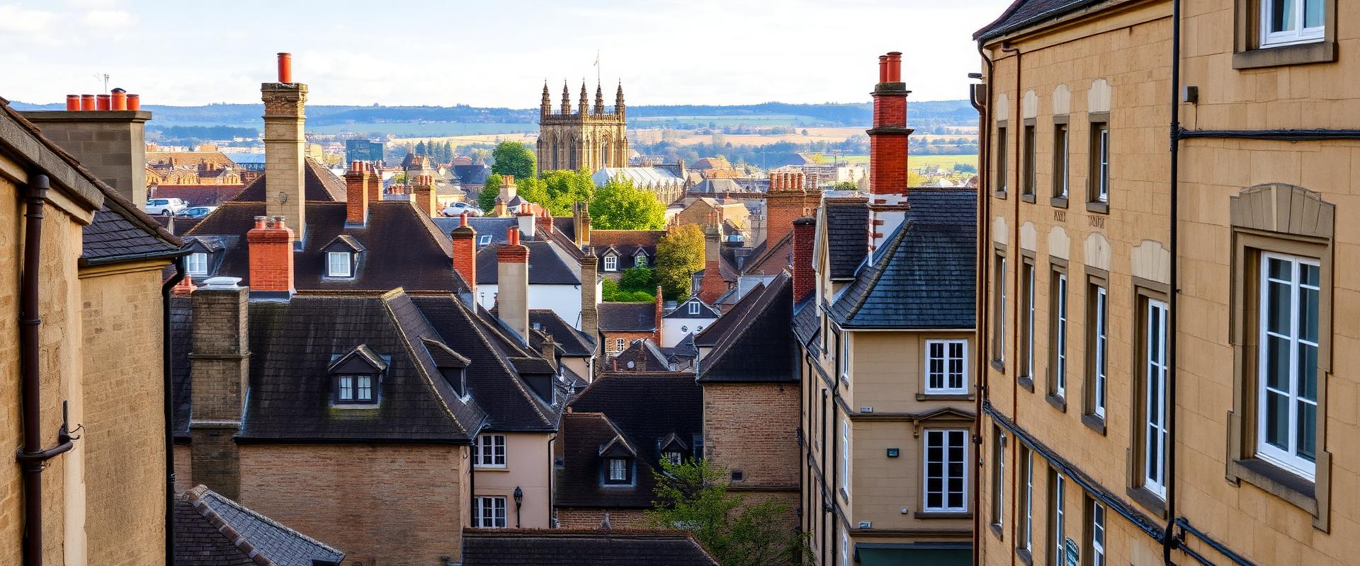 Historic Winchester rooftops in Hampshire with cathedral spires and period stone buildings