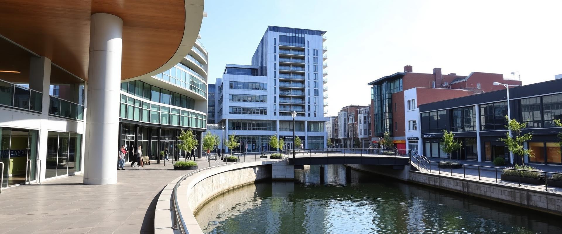 Modern Woking town centre in Surrey with contemporary architecture and canal basin